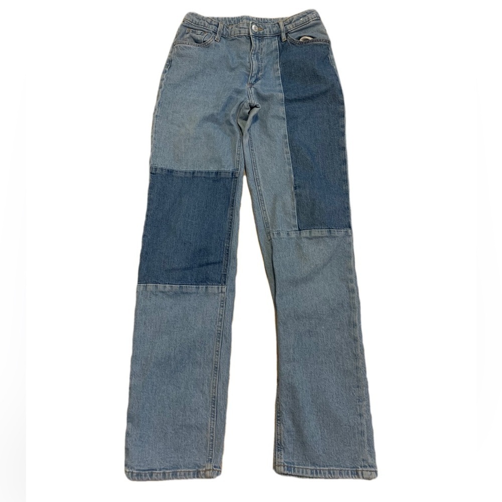 💜 H&M Patchwork Denim Jeans - Straight Leg, Adjustable Waist - Size US 20 (14A+)